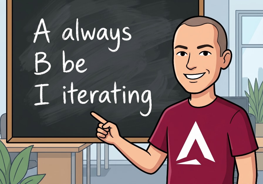 A friendly 2D cartoon avatar wearing a burgundy t-shirt with a white stylized 'A' portion of the Elevate Your Tech logo. He is pointing at a blackboard with the words 'Always Be Iterating' written on it with white chalk.
