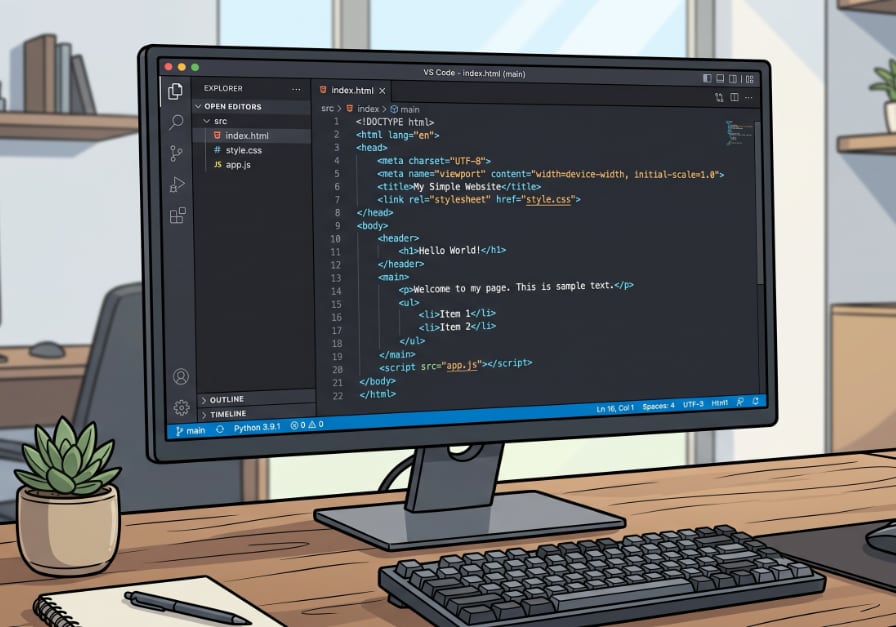 Vector-style illustration of a computer monitor with a coding application open, which is displaying basic HTML code.