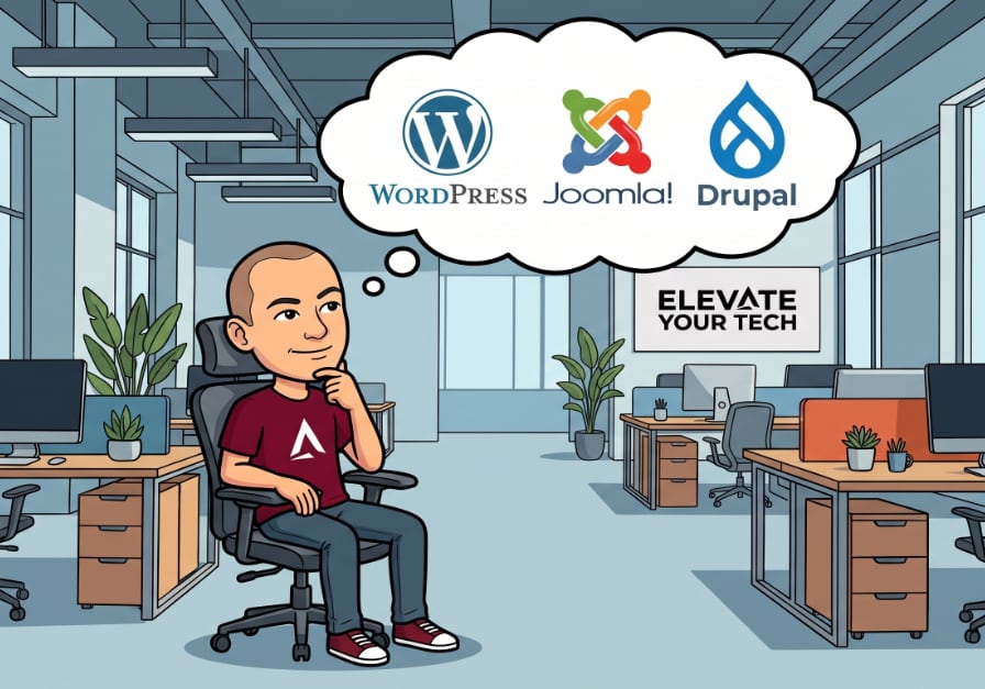 A friendly 2D cartoon avatar wearing a burgundy t-shirt with a white stylized 'A' portion of the Elevate Your Tech logo. He is sitting in an office chair in a cool, open-concept office environment, and he is thinking about Content Management Systems. There is a large thought bubble above him with commonly used CMS options, including WordPress, Drupal, and Joomla.