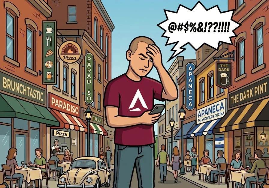 A friendly 2D cartoon avatar wearing a burgundy t-shirt with a white stylized 'A' portion of the Elevate Your Tech logo. He is standing in a low-traffic area with cafes and restaurants on both sides of the road, and he is smacking his head in frustration while looking at something on his smartphone.