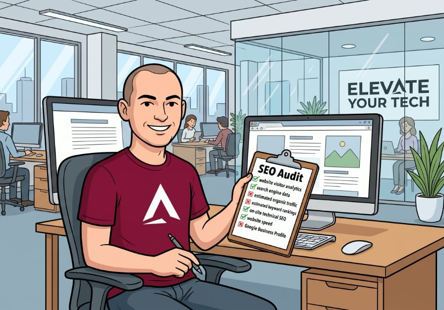 A friendly 2D cartoon avatar wearing a burgundy t-shirt with a white stylized 'A' portion of the Elevate Your Tech logo. He is sitting at his desk in an office with a clipboard in his hand, and he is working on an SEO audit.