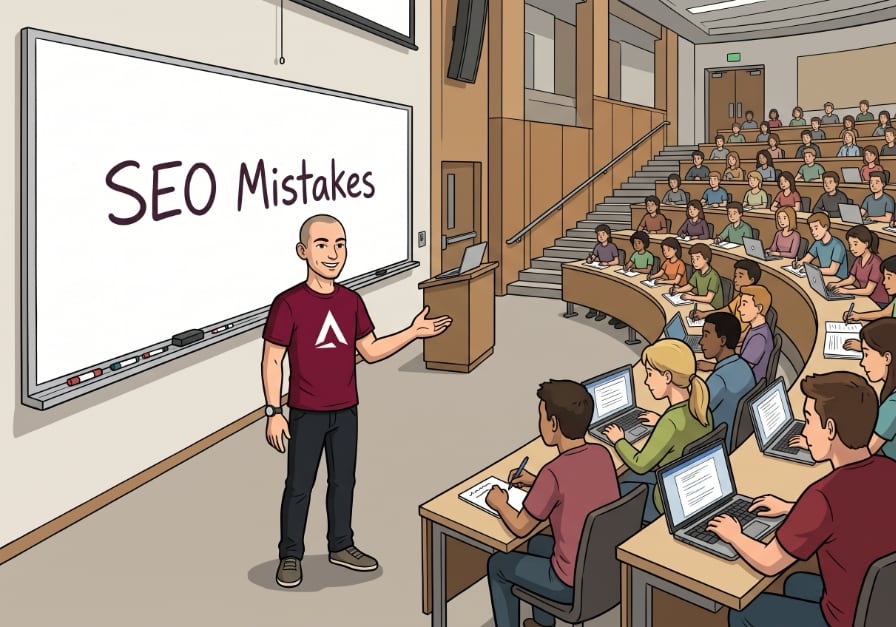 A friendly 2D cartoon avatar wearing a burgundy t-shirt with a white stylized 'A' portion of the Elevate Your Tech logo. He is standing at the front of a large university lecture hall and facing the students. He is standing in front of a large whiteboard, which has only the words 'SEO Mistakes' written on it in large letters.