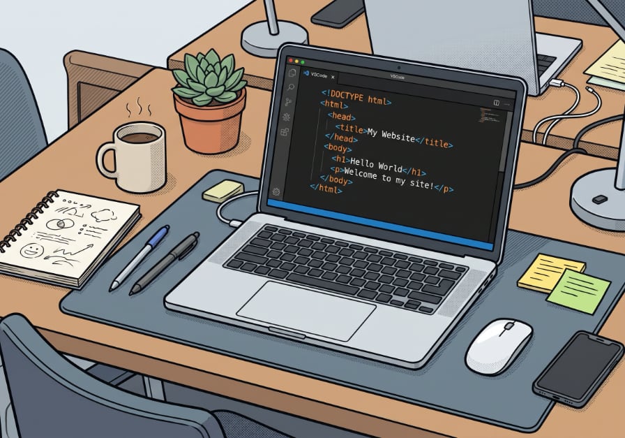 Vector-style illustration of a laptop with a coding application open, which is displaying basic HTML code.