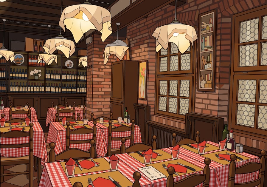 Vector-style illustration of the interior of a charming Italian restaurant