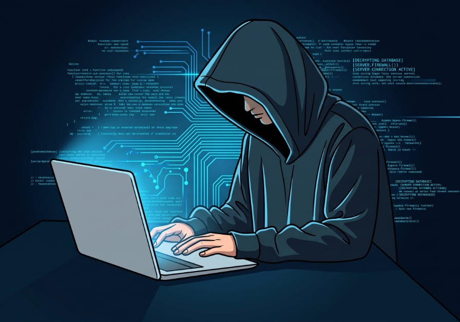 Vector-style illustration of a website hacker