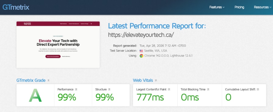 GTMetrix speed test results screenshot for the Elevate Your Tech website.