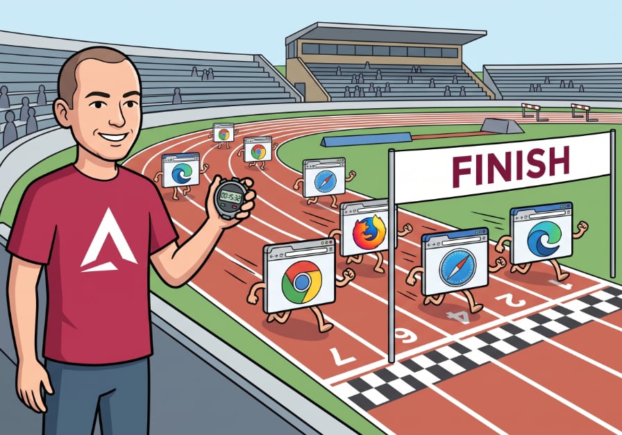 A friendly 2D cartoon avatar wearing a burgundy t-shirt with a white stylized 'A' portion of the Elevate Your Tech logo. He is at an outdoor, stadium-style racetrack of the type that would host running events, and he is watching a bunch of web browser windows racing towards the finish line with a stopwatch in his hand.