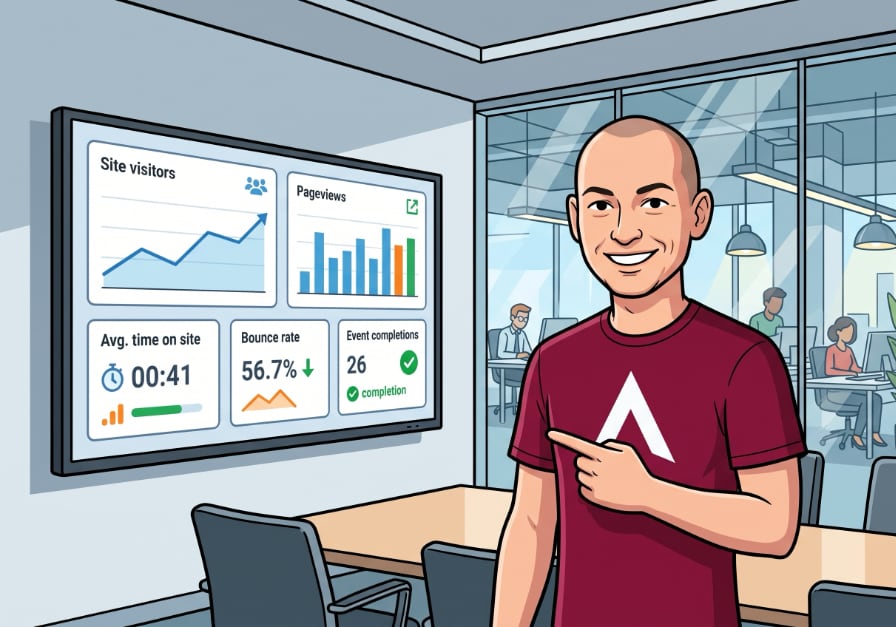 A friendly 2D cartoon avatar wearing a burgundy t-shirt with a white stylized 'A' portion of the Elevate Your Tech logo. He is standing next to a large TV in a corporate conference room, and he is pointing towards the TV, which is displaying a dashboard with website analytics data.